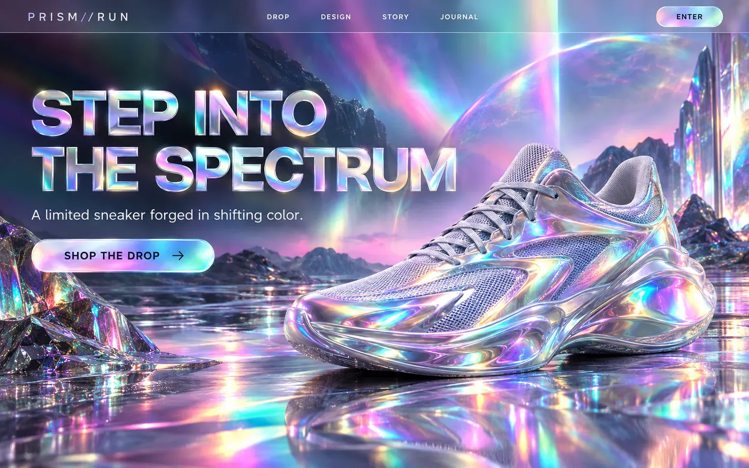 Example website designed in the Holographic iridescence style