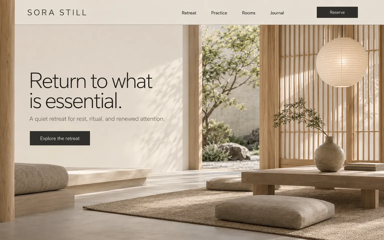 Example website designed in the Japandi, the Japanese and Scandinavian hybrid style
