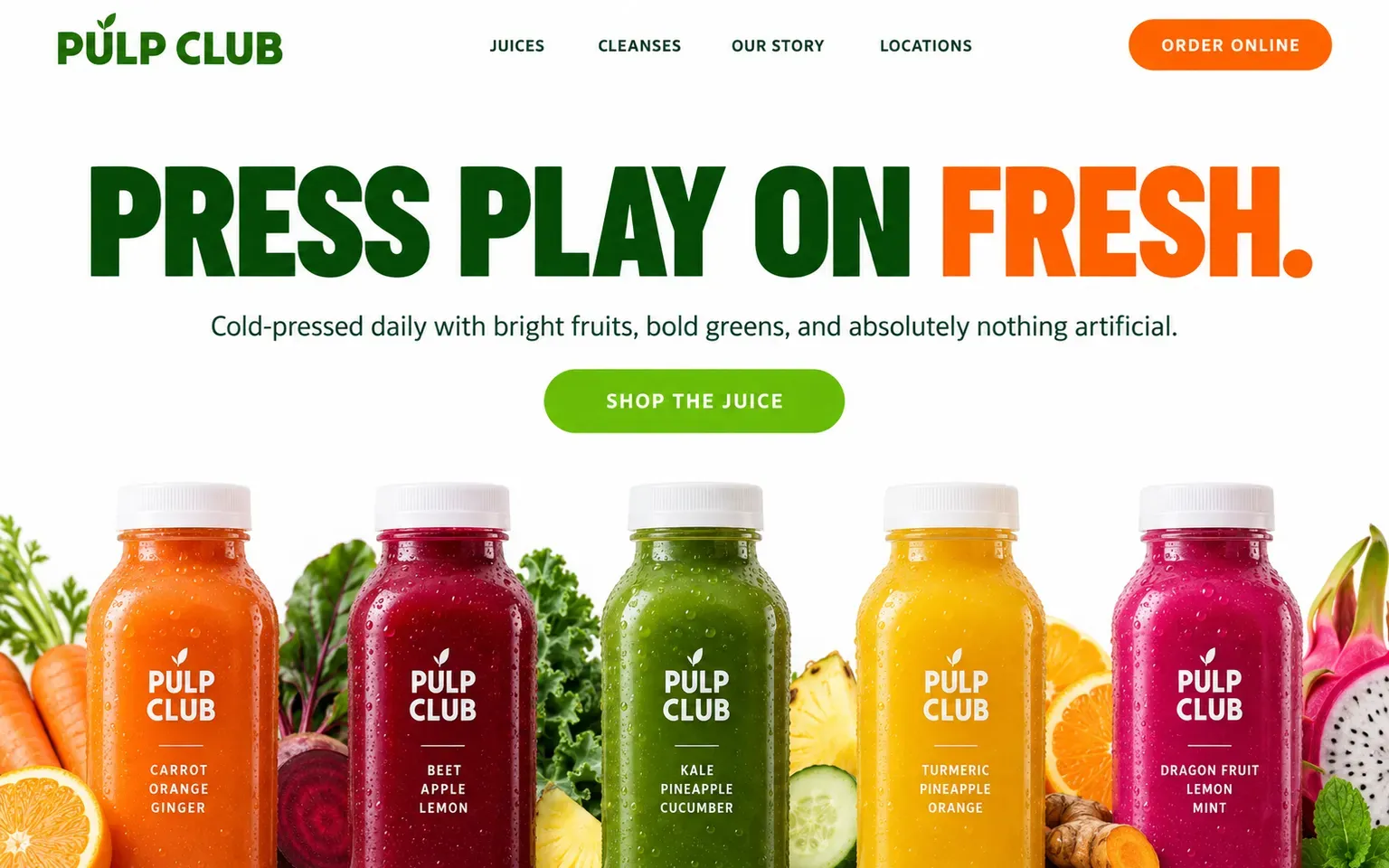 Example website for a cold-press juice bar