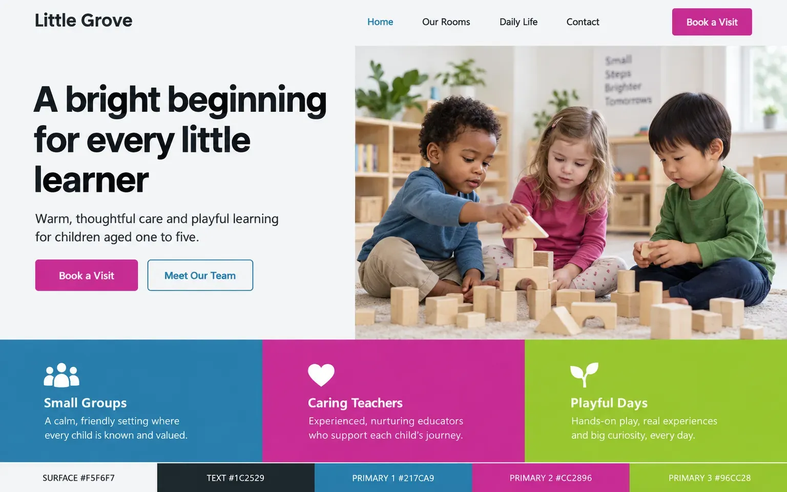 Example website coloured with a soft pastel palette for children