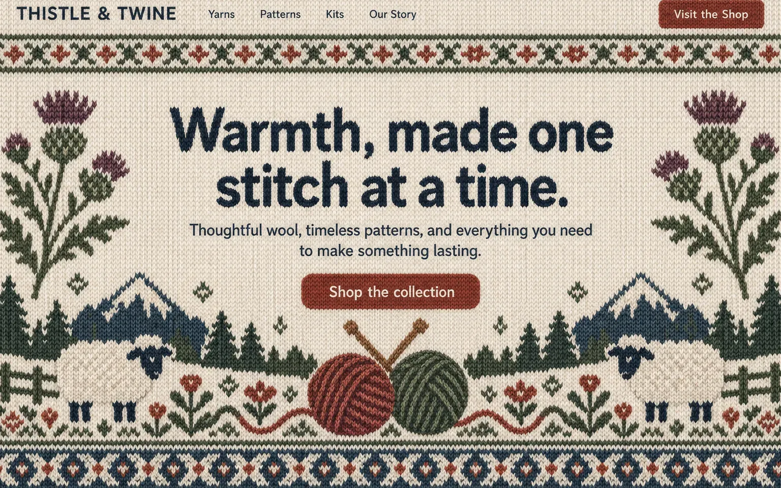 Example website whose artwork is knitted and fair-isle illustration
