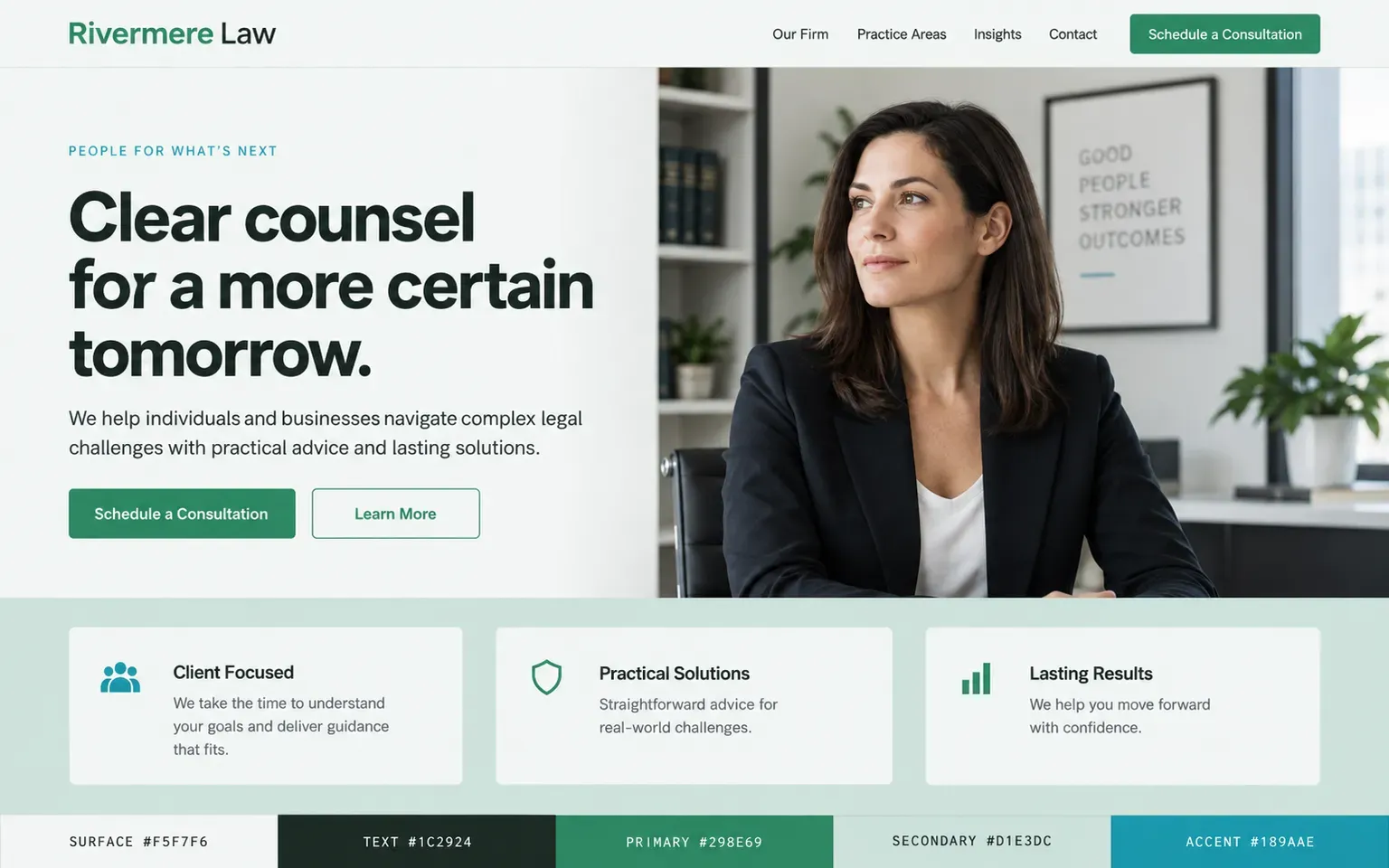 Example website coloured with a sober professional palette in deep green