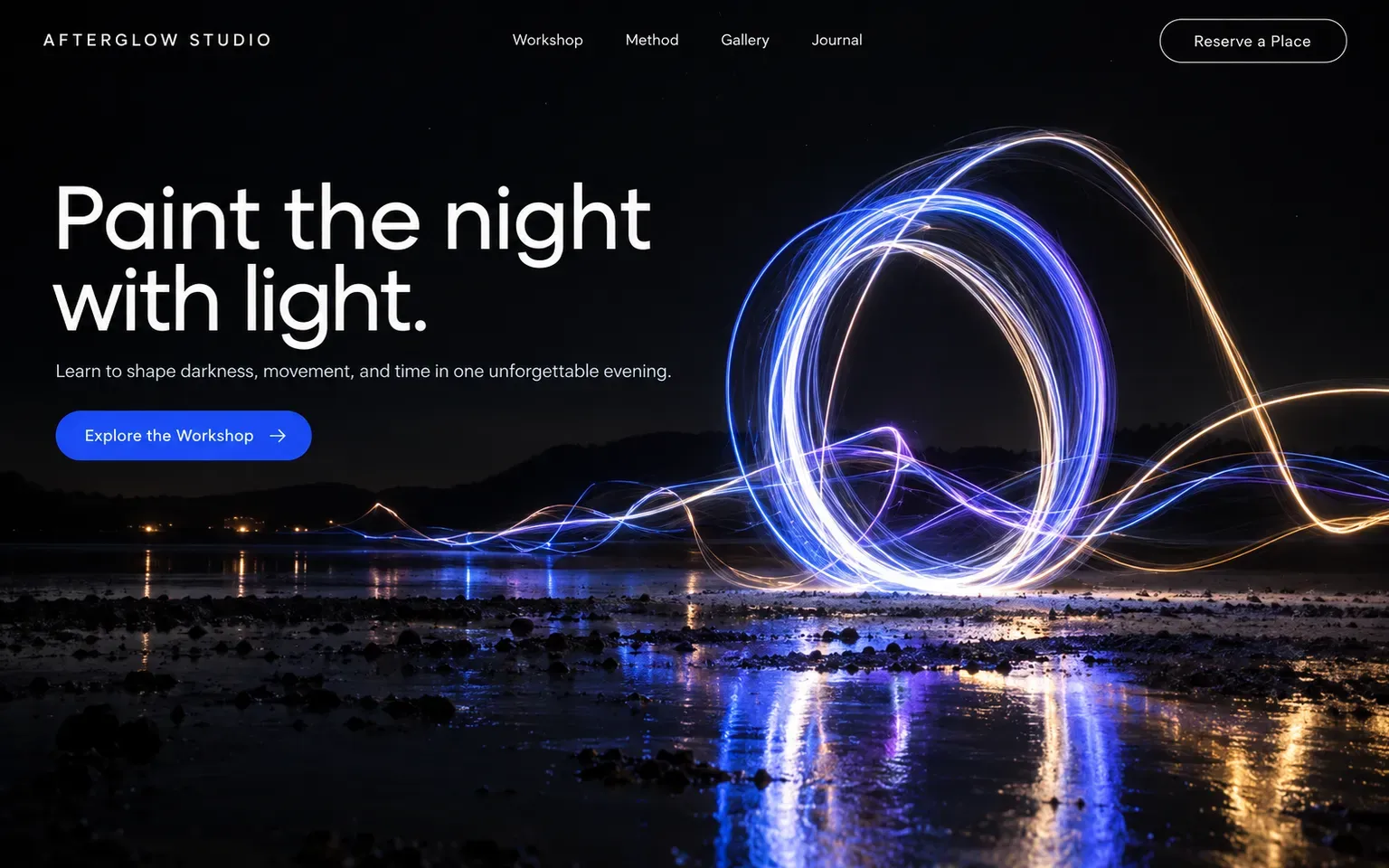 Example website whose artwork is long-exposure light painting