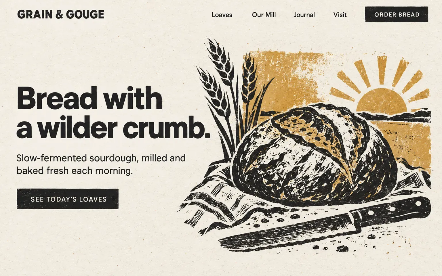 Example website whose artwork is hand-pulled linocut