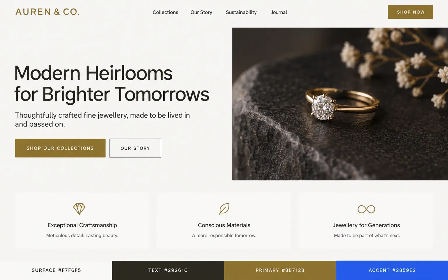 Example website coloured with a luxury palette of deep neutrals and gold