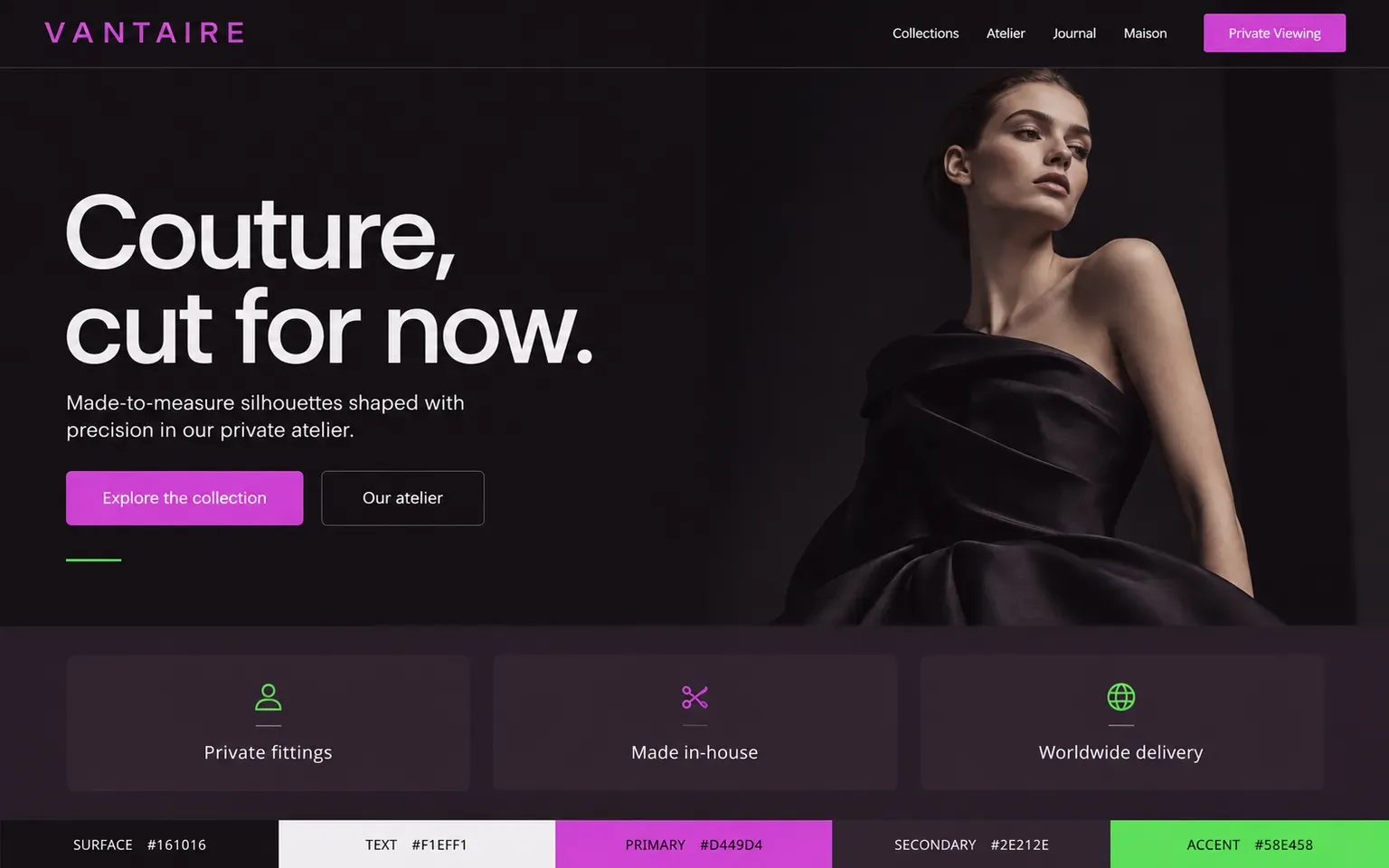 Example website coloured with a luxury palette that is almost entirely black
