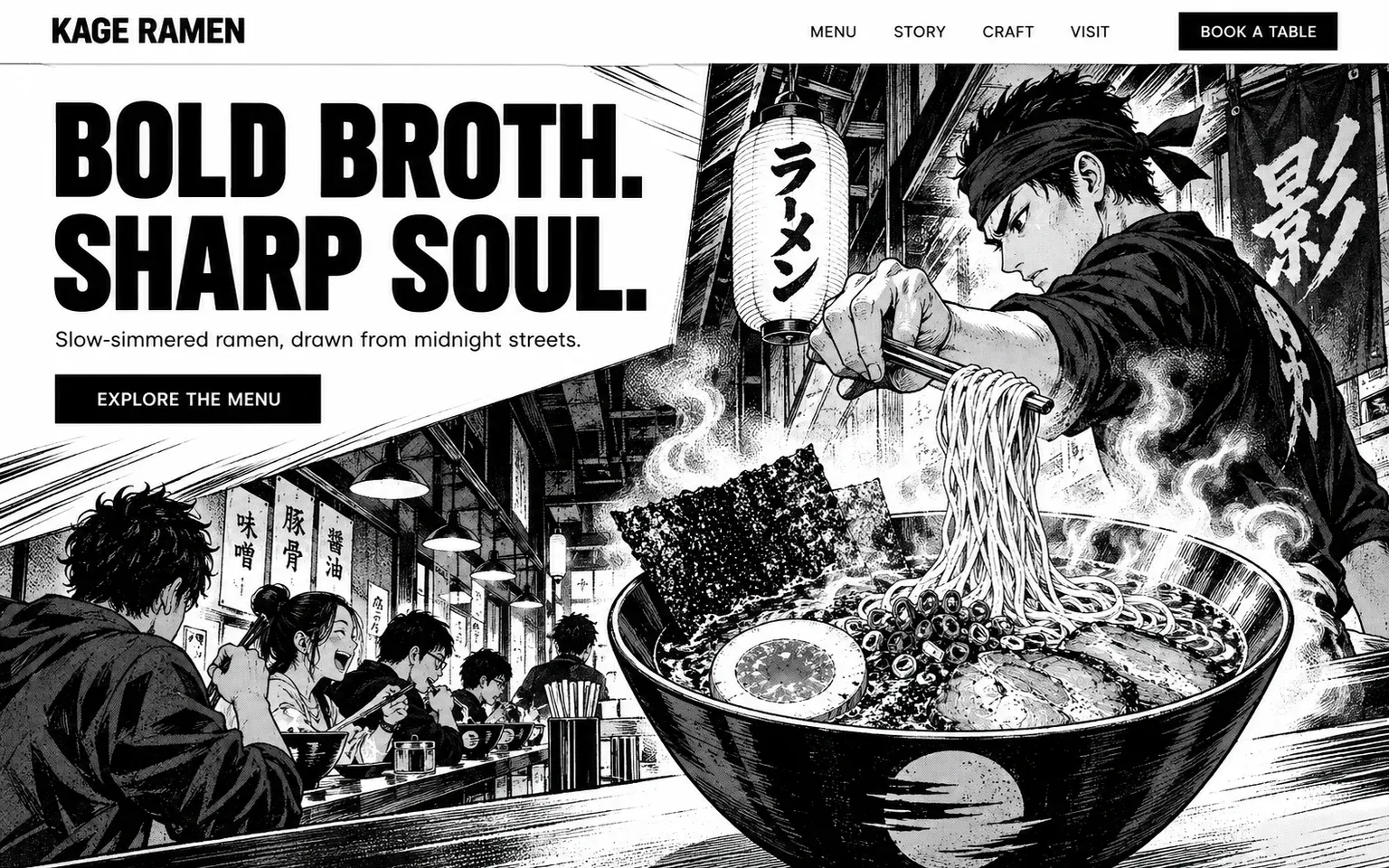 Example website whose artwork is black and white manga inking
