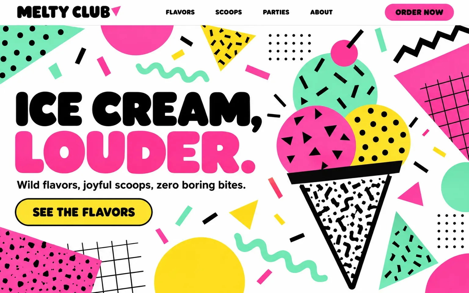Example website designed in the Memphis Group style