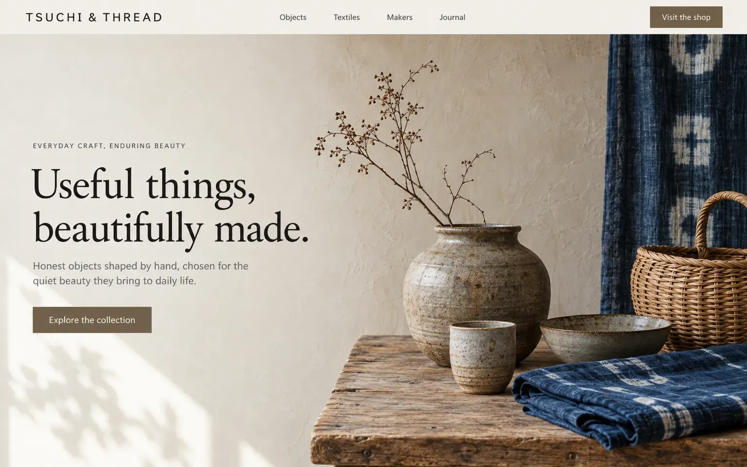 Example website designed in the Japanese mingei folk craft movement style