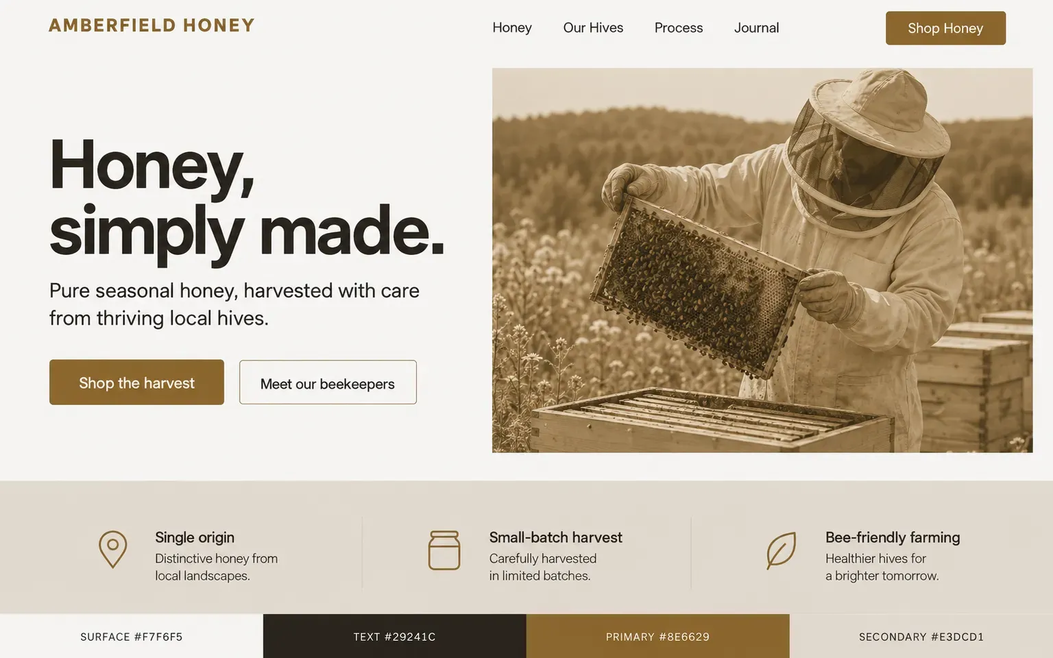 Example website coloured with a palette of one amber hue at several depths