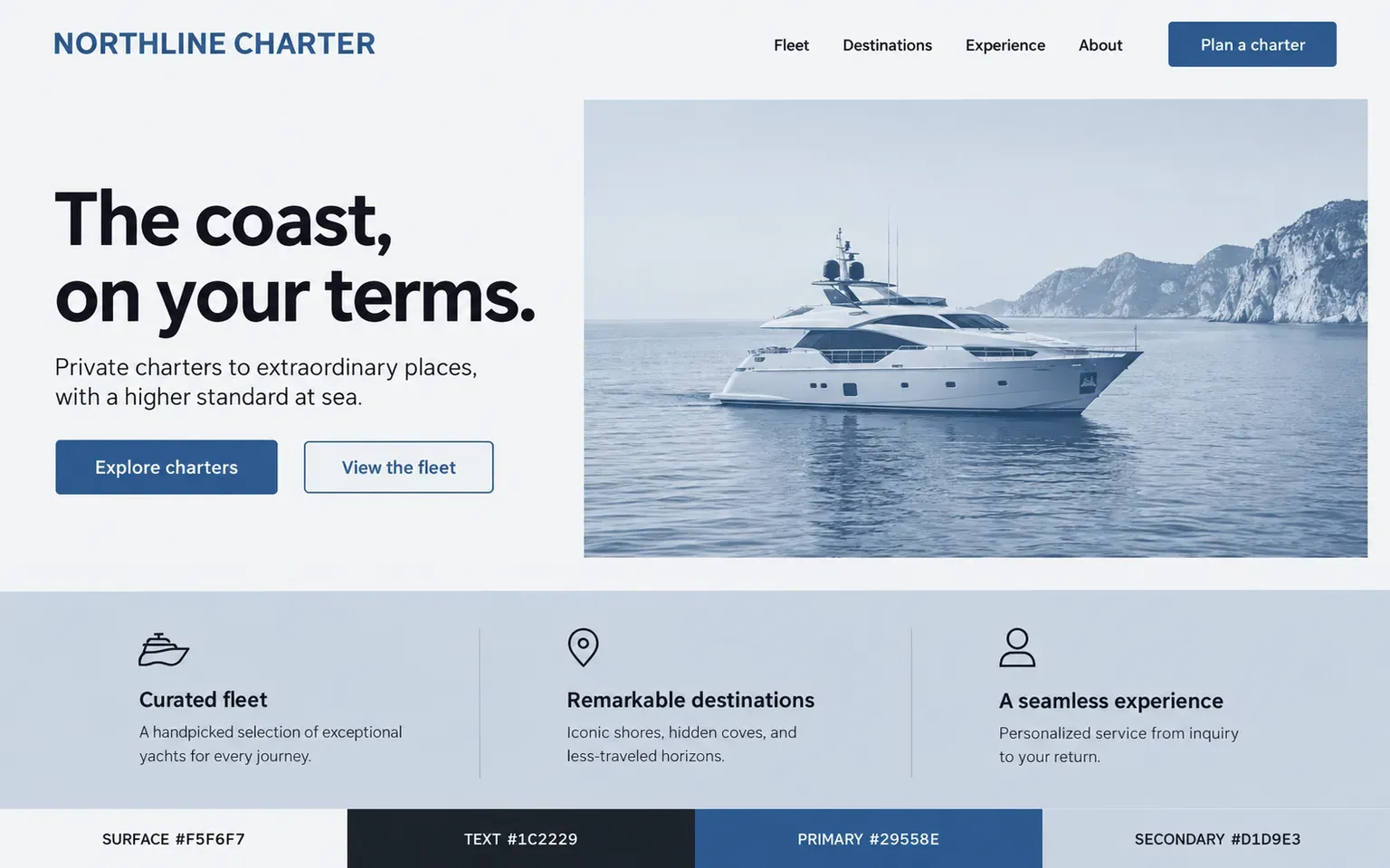Example website coloured with a palette of one blue hue at several depths
