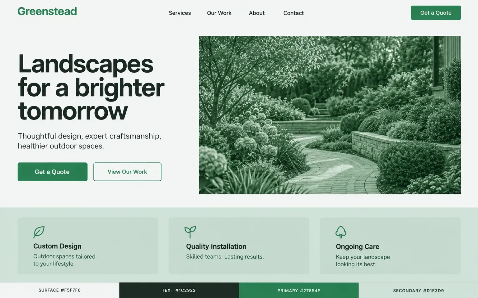 Example website coloured with a palette of one green hue at several depths