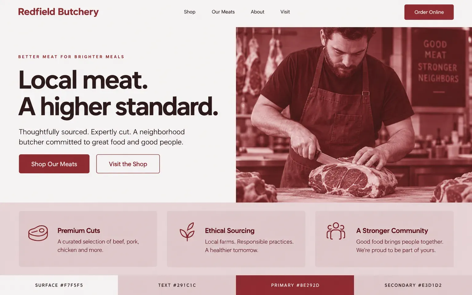 Example website coloured with a palette of one red hue at several depths