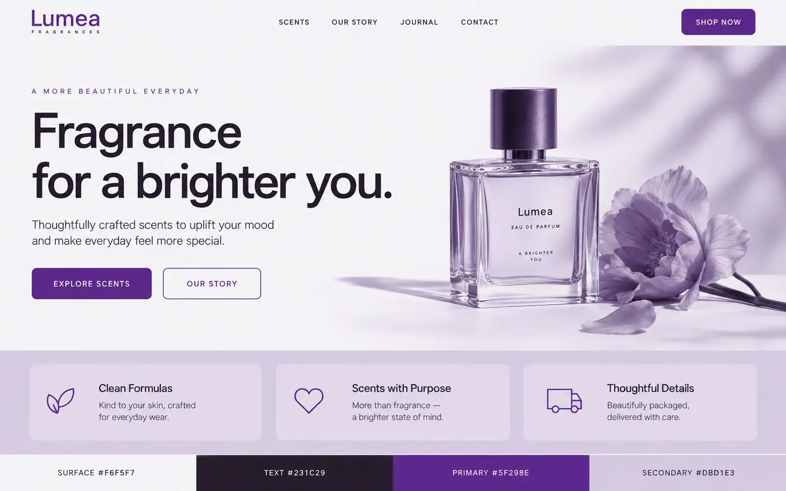 Example website coloured with a palette of one violet hue at several depths