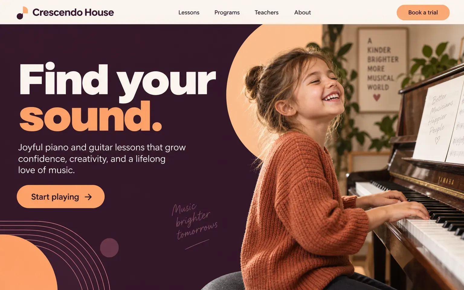 Example website for a music school for piano and guitar