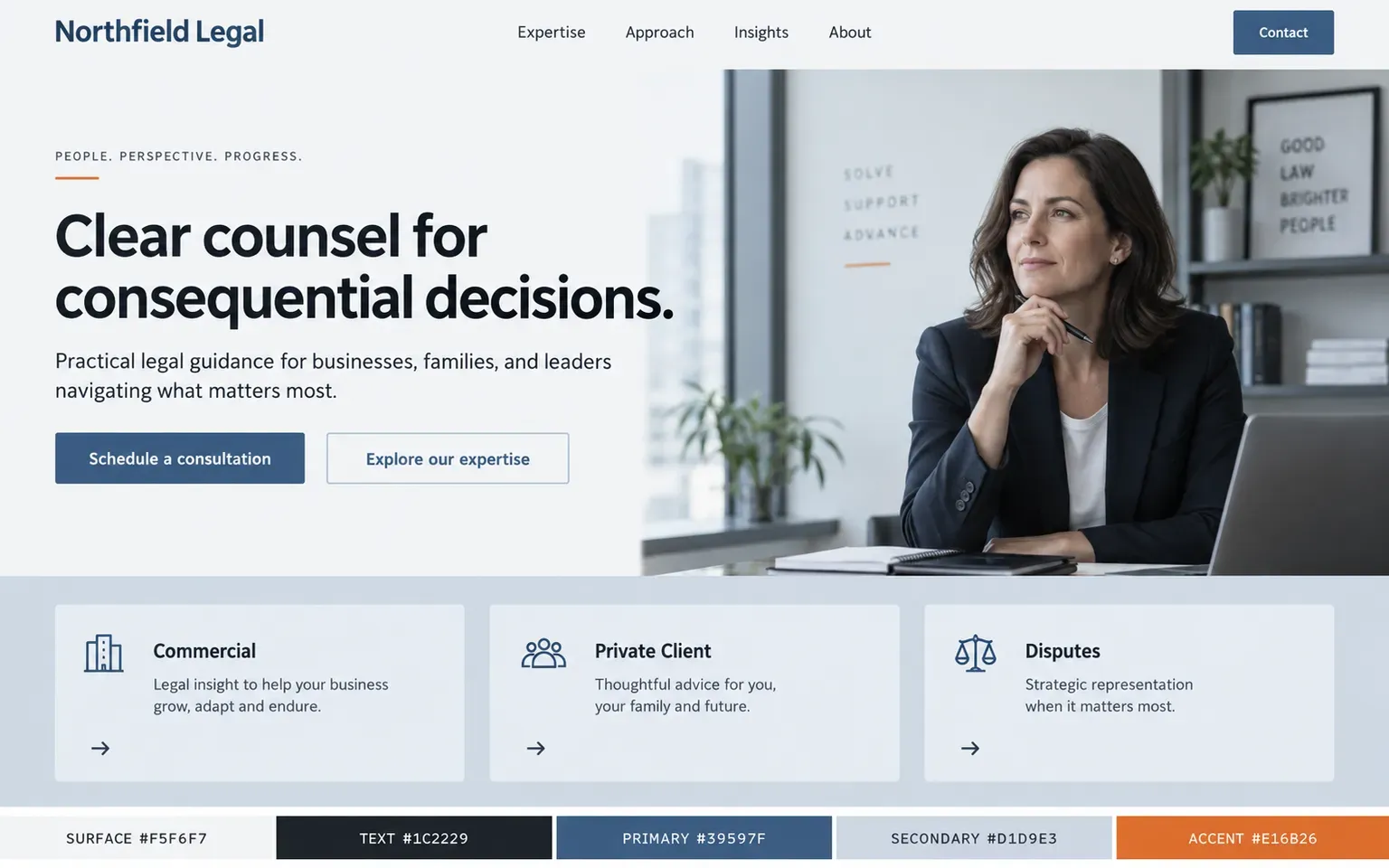 Example website coloured with a palette led by cool neutrals with one colour permitted