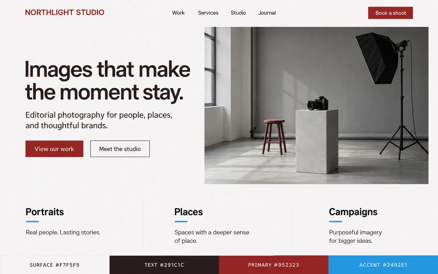 Example website coloured with a palette led by true greys with one colour permitted