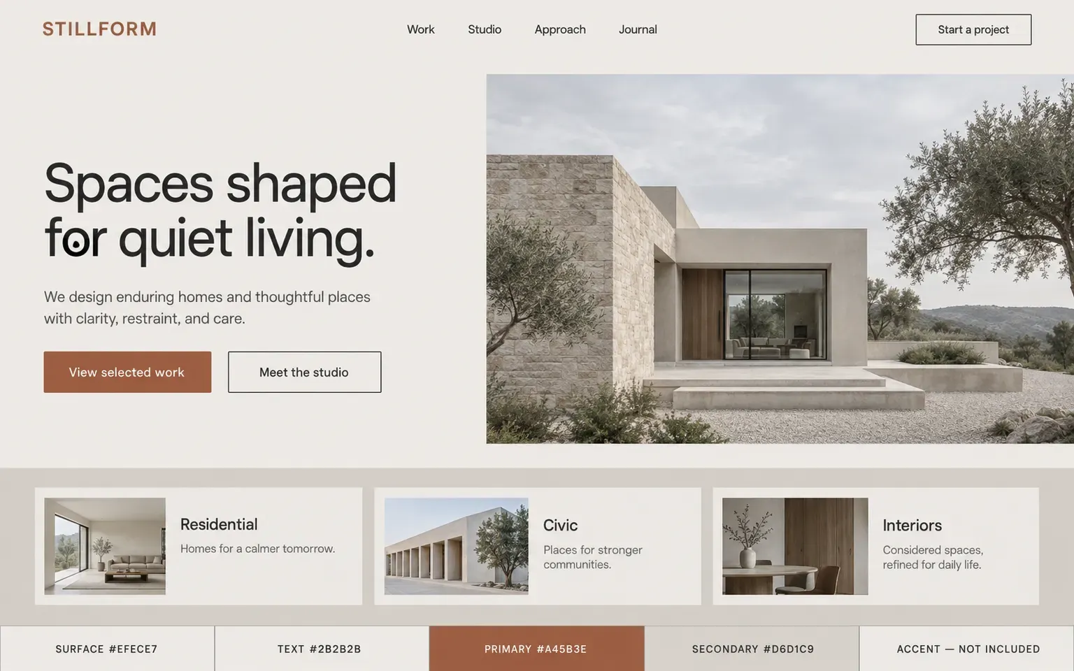 Example website coloured with a palette where the neutrals do almost everything