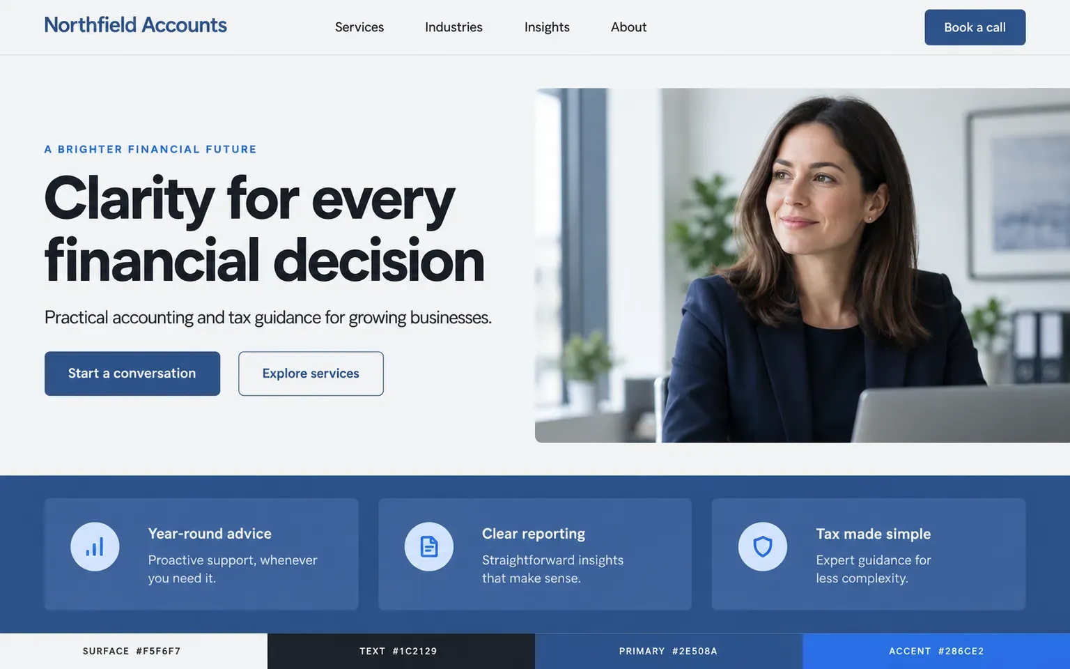 Example website coloured with a near-neutral palette with a single blue permitted