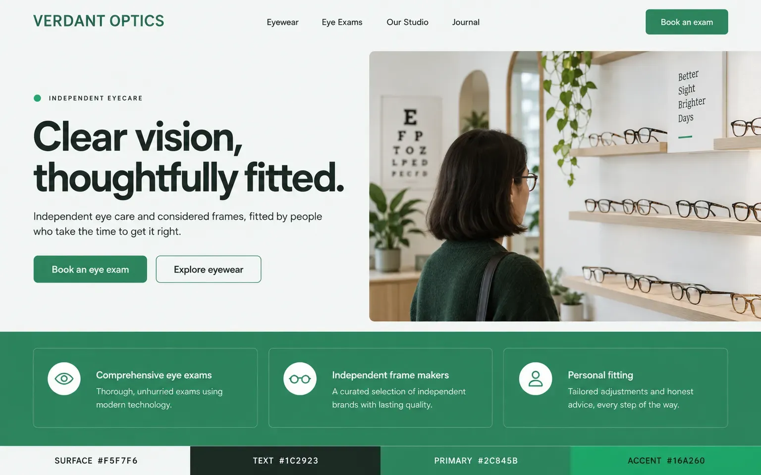 Example website coloured with a near-neutral palette with a single green permitted