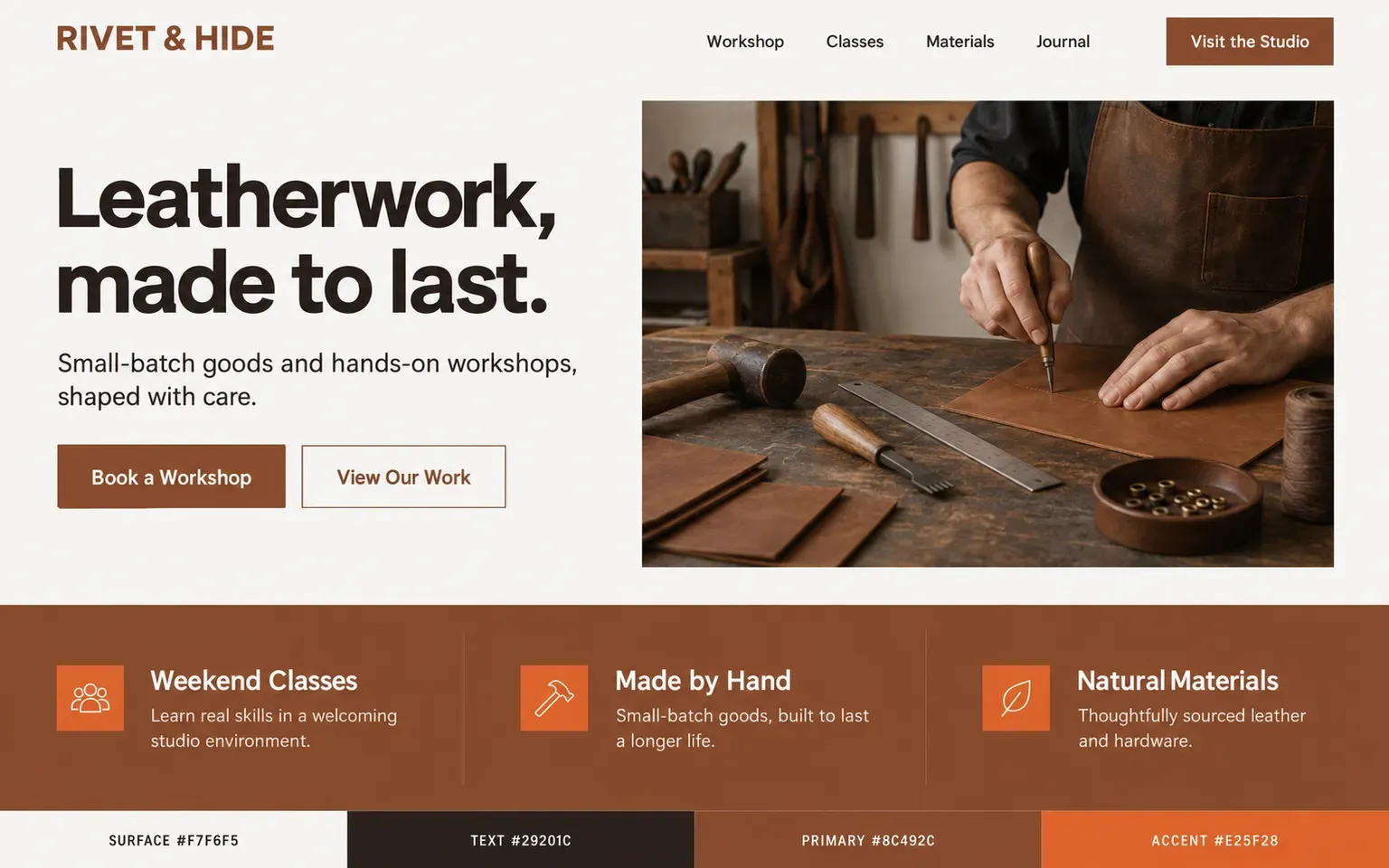 Example website coloured with a near-neutral palette with a single rust permitted