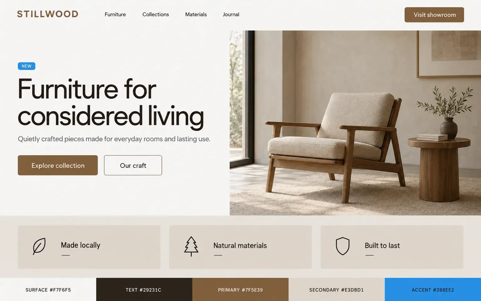 Example website coloured with a palette led by warm neutrals with one colour permitted