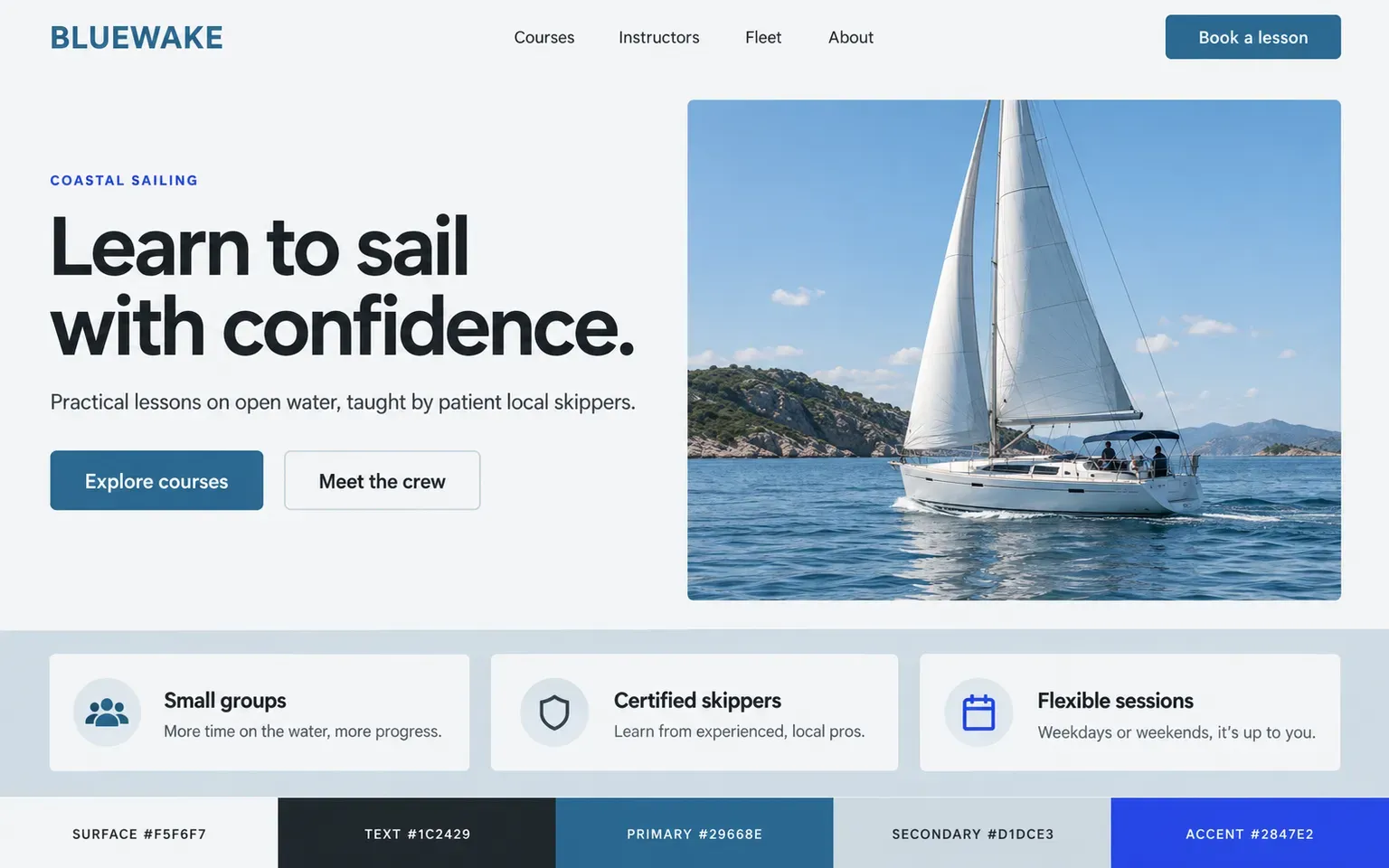 Example website coloured with a coastal palette in marine blue