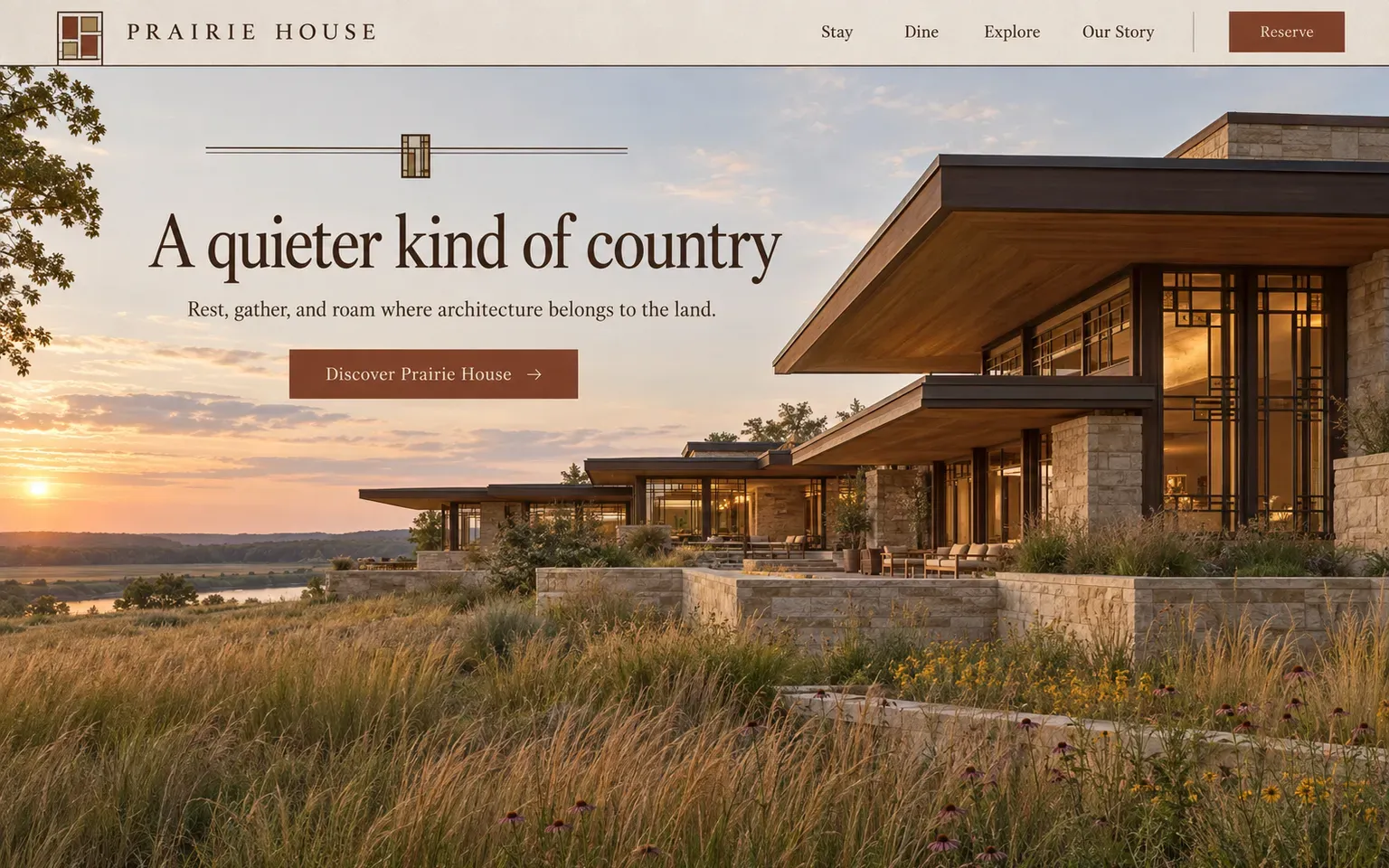 Example website designed in the Frank Lloyd Wright's organic architecture and the Prairie School style