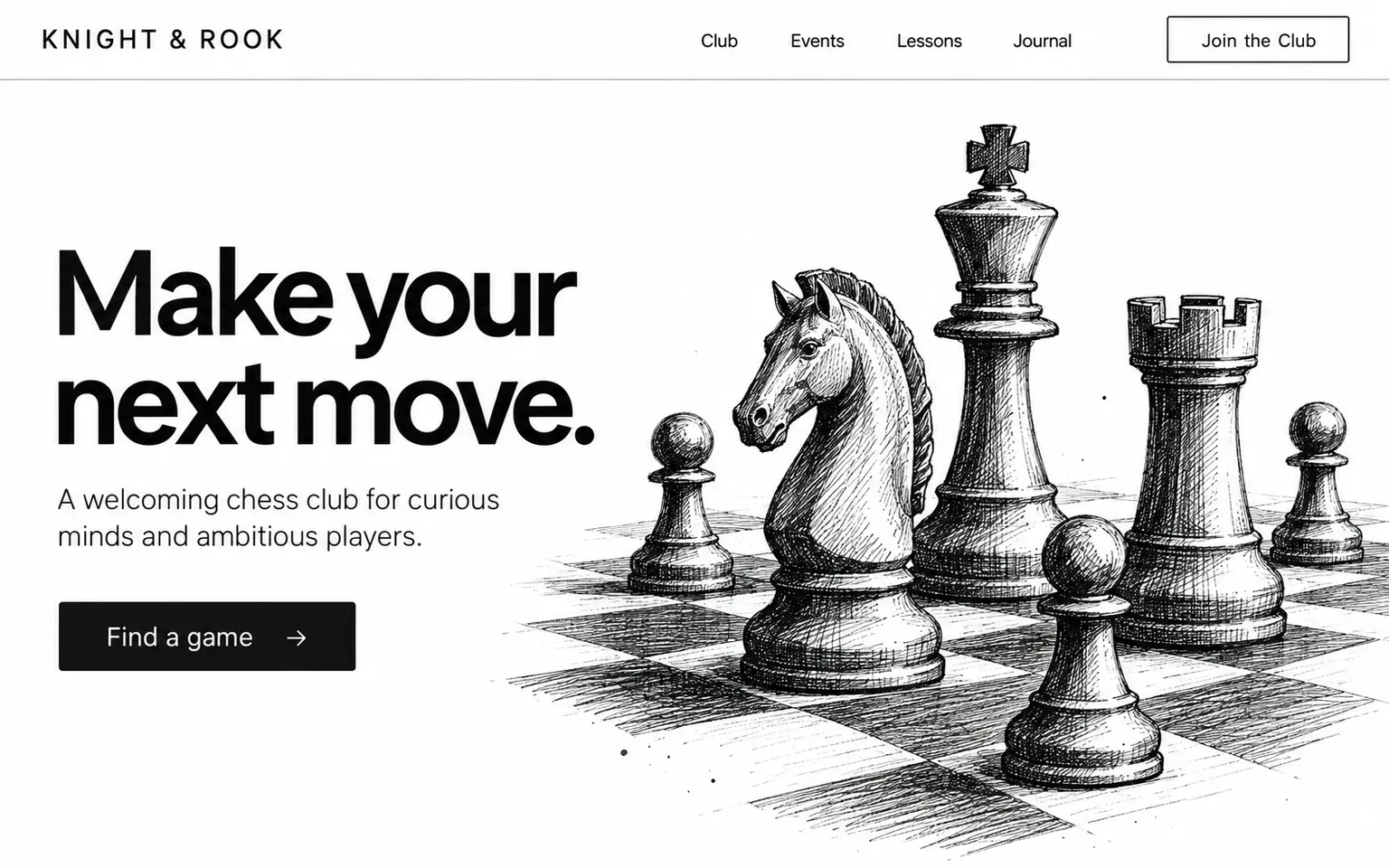 Example website whose artwork is pen and ink crosshatching