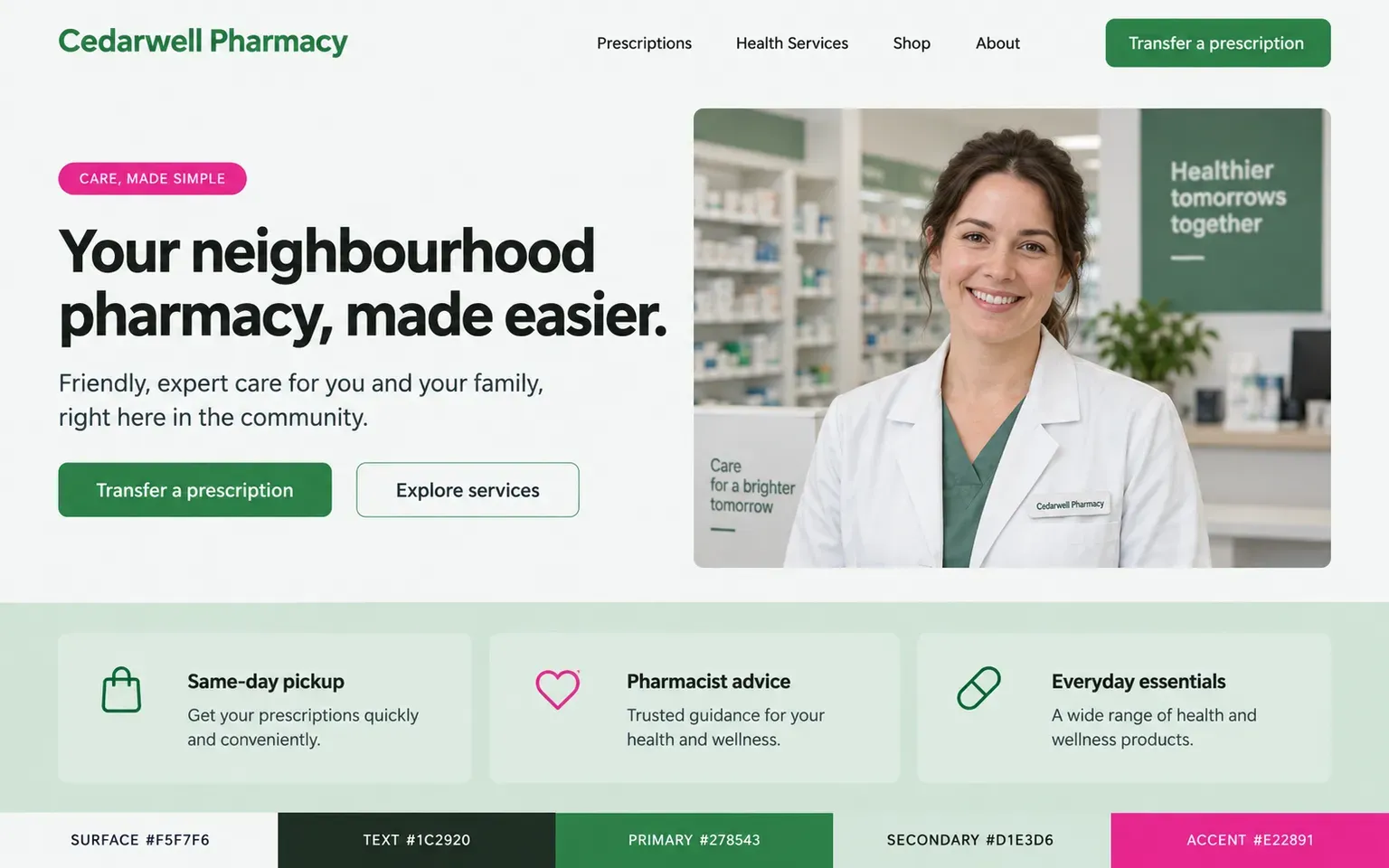 Example website coloured with a dependable pharmacy palette