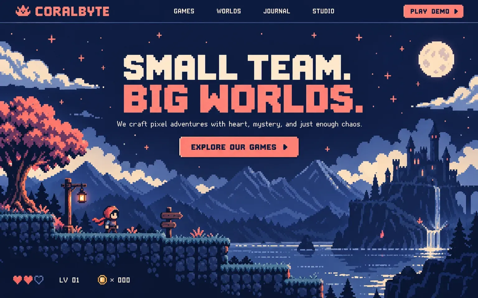 Example website designed in the Pixel art style