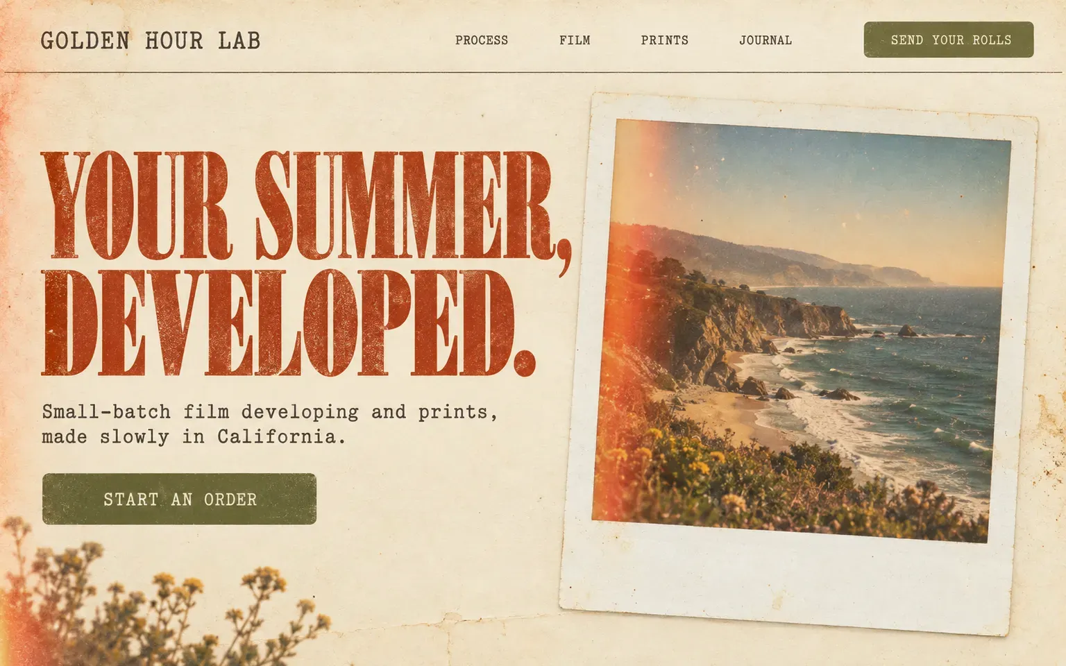 Example website designed in the 1970s instant-photo aesthetic style