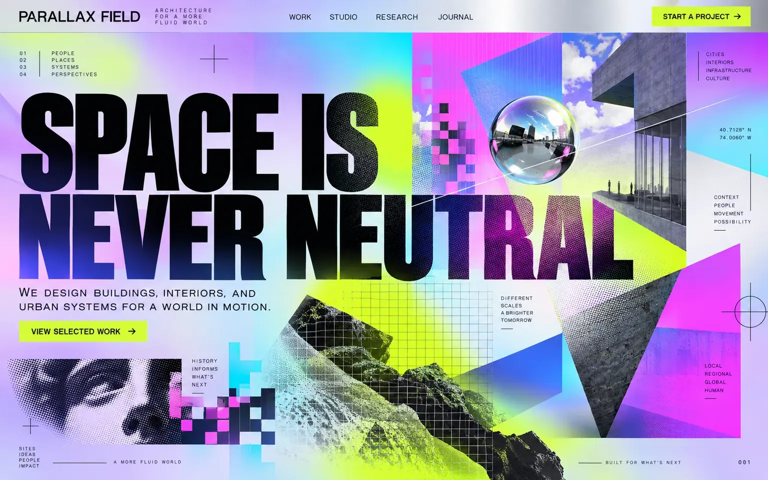 Example website designed in the Postmodern graphic design in the April Greiman manner style