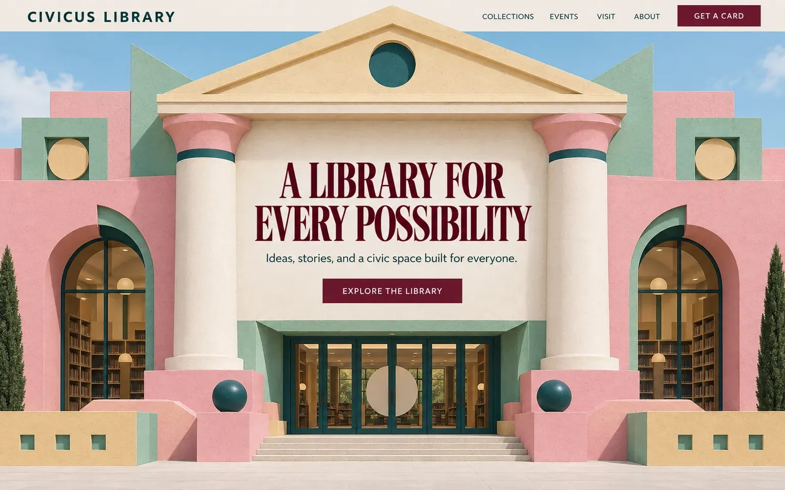 Example website designed in the Postmodern architecture in the Venturi and Graves manner style