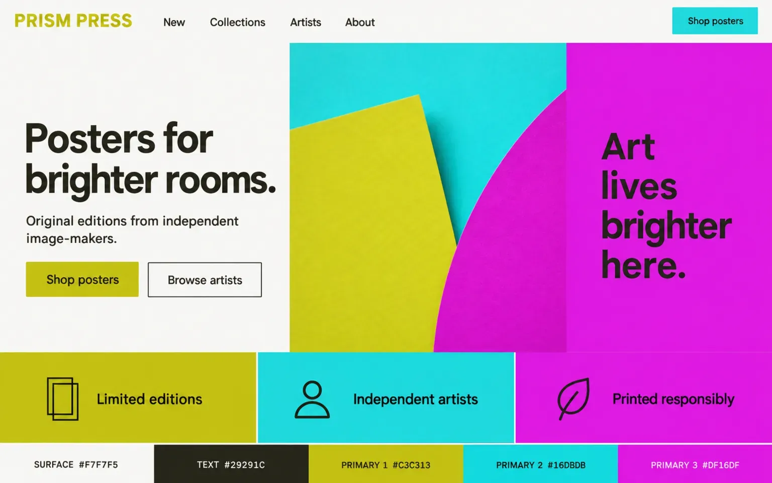 Example website coloured with a palette of equal primaries chosen for maximum contrast with each other