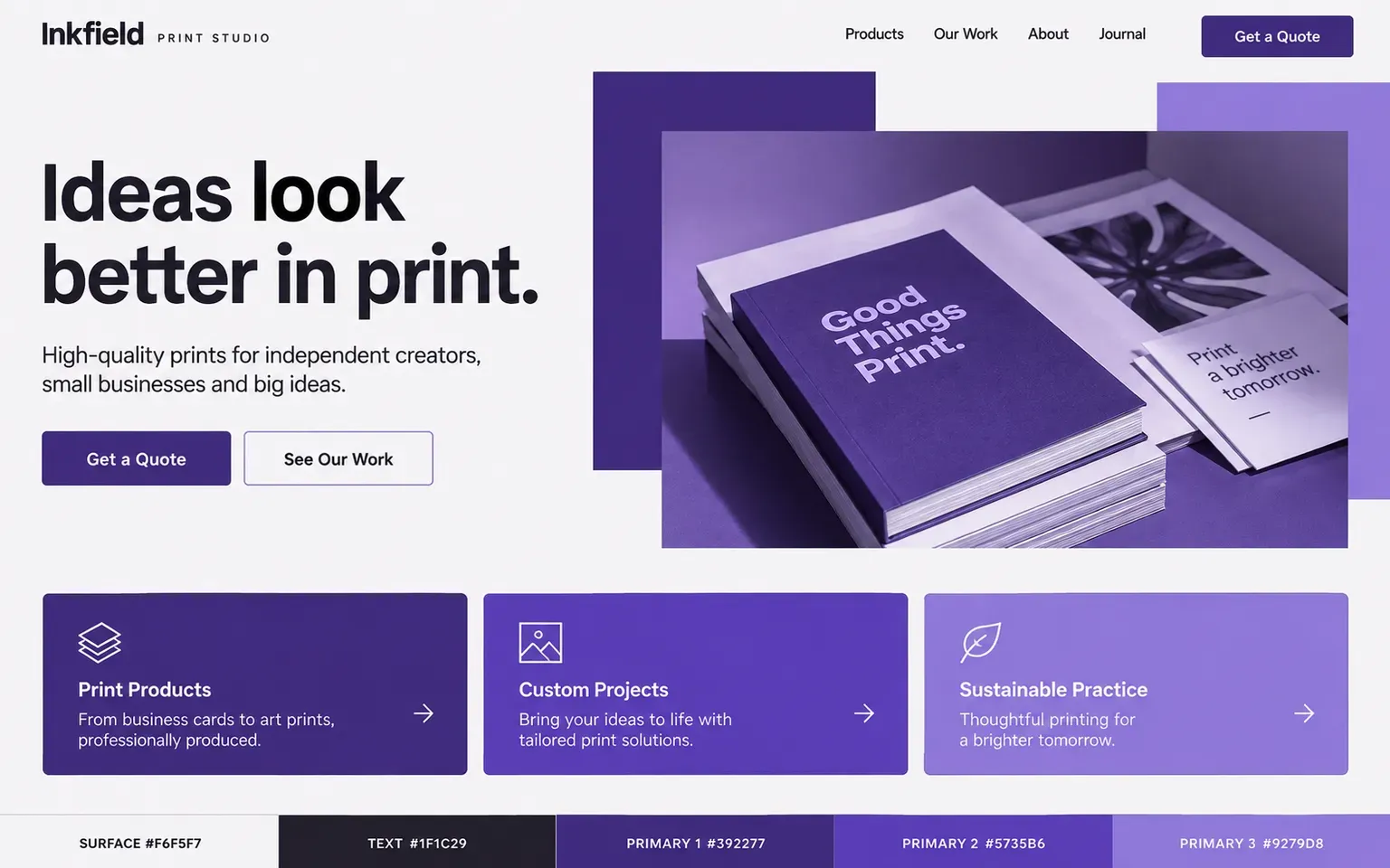 Example website coloured with a palette whose equal primaries are one hue at three depths