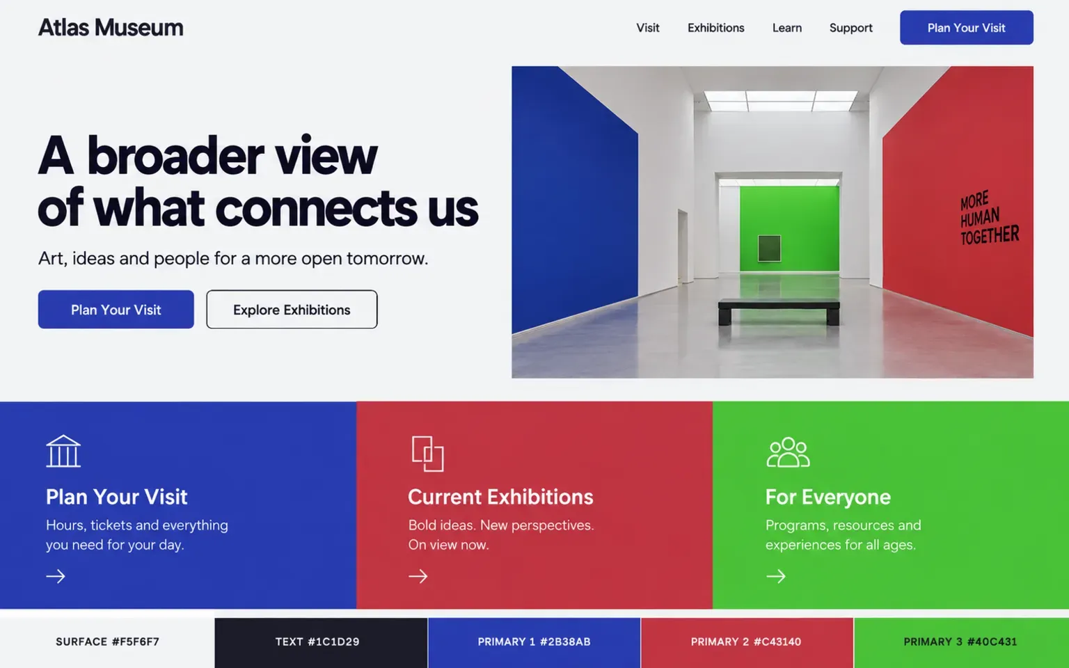Example website coloured with a palette of equal primaries held together by a strong neutral