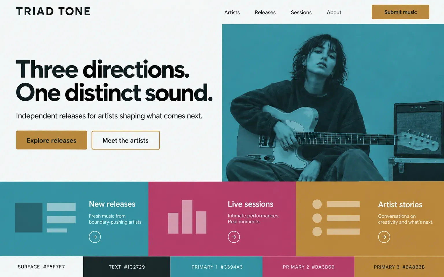 Example website coloured with a palette of equal primaries taken from a split-complementary set