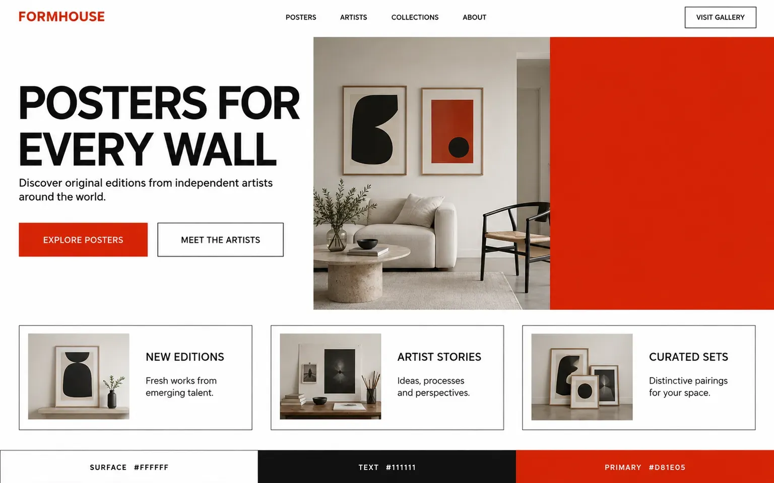 Example website coloured with a palette with one primary used at large scale rather than in small doses