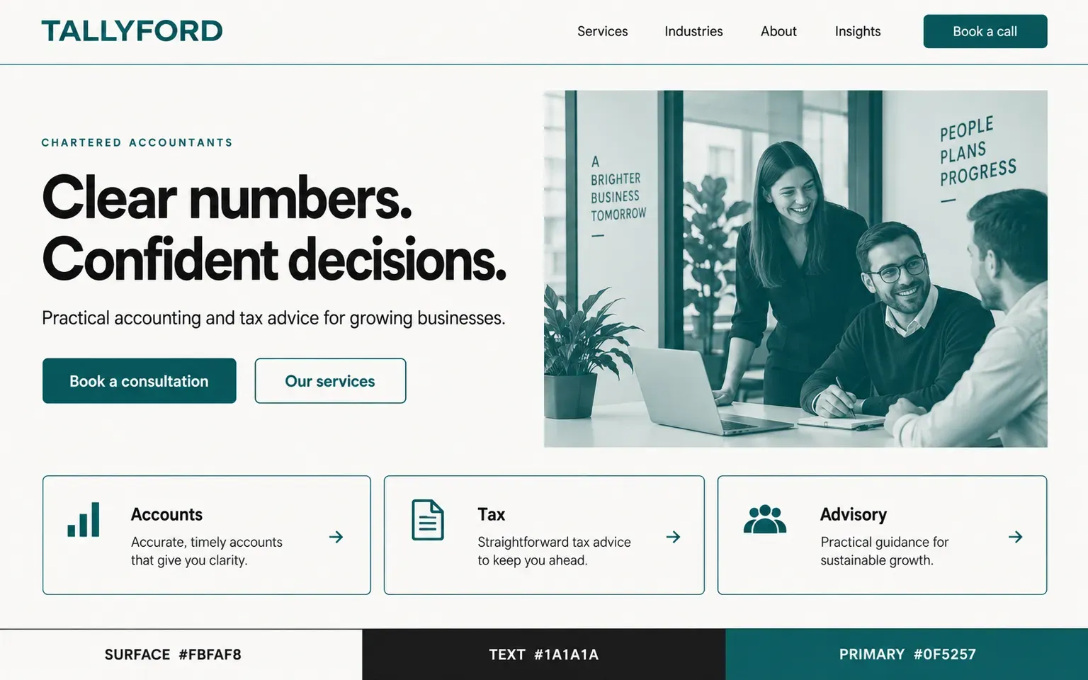Example website coloured with a palette of one working colour