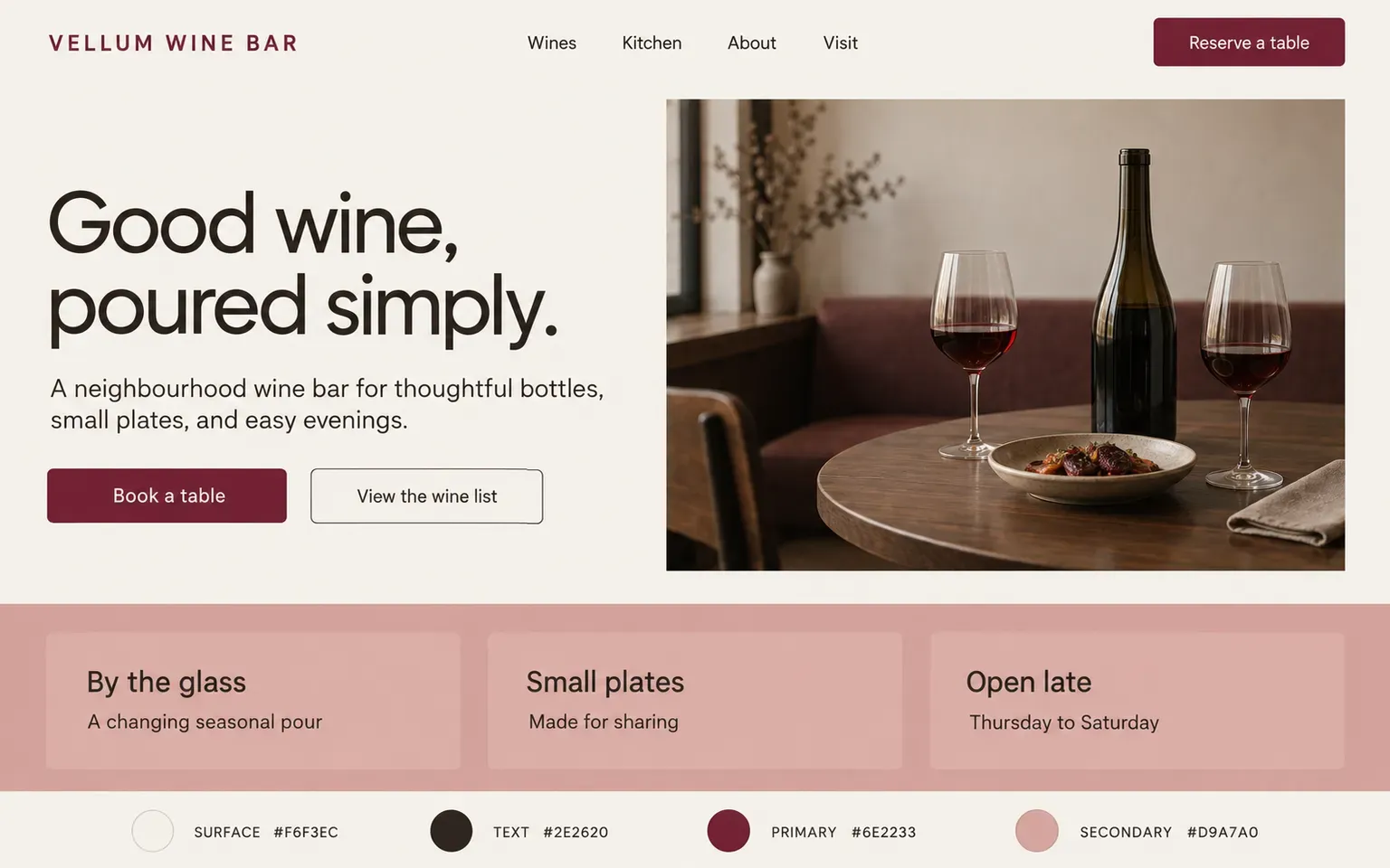 Example website coloured with a palette with a supporting colour but no highlight