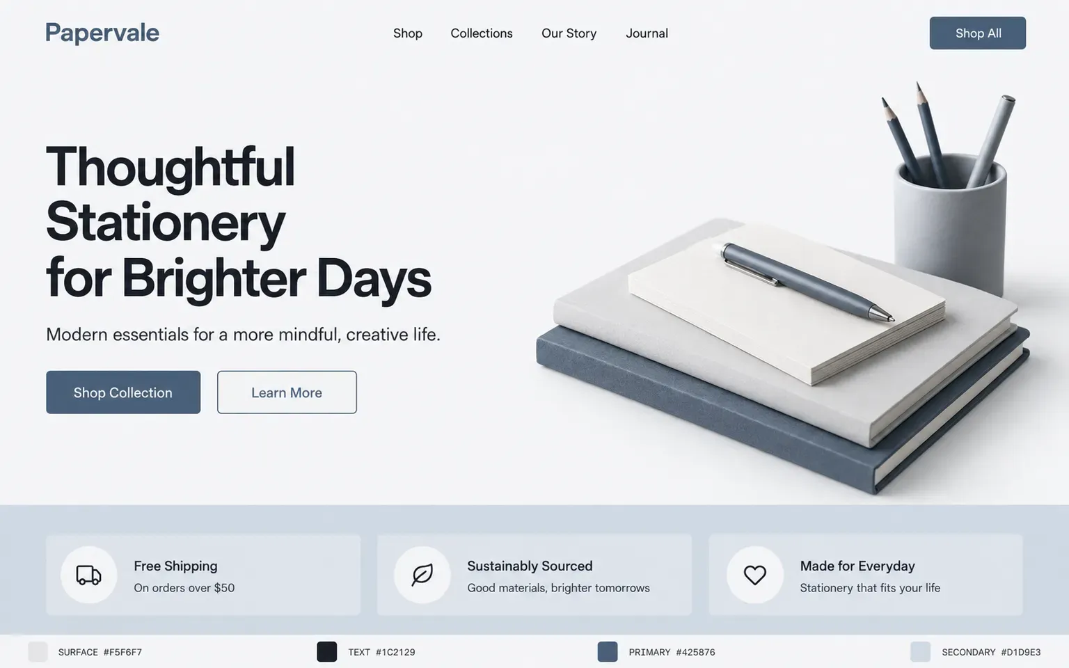 Example website coloured with a palette whose primary is deliberately desaturated