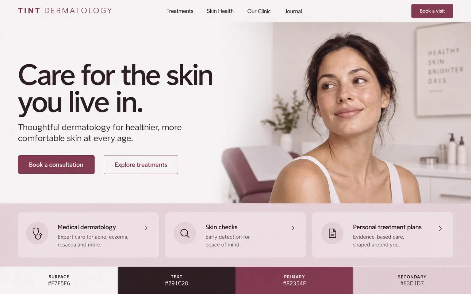 Example website coloured with a palette where even the neutrals carry the primary hue