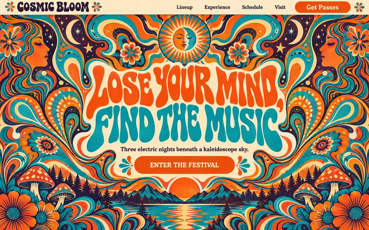 Example website designed in the 1960s psychedelic poster design style