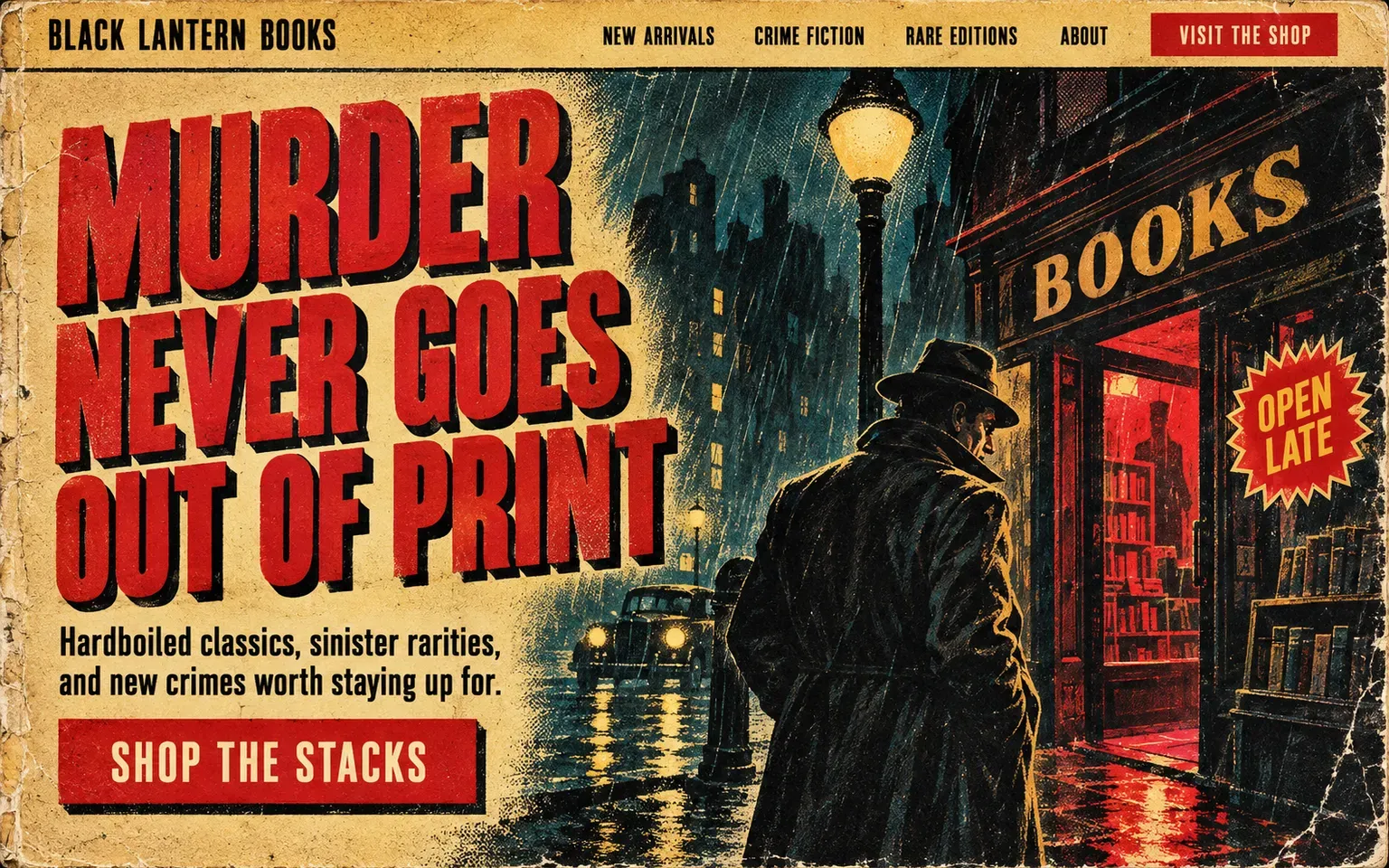 Example website designed in the Mid-century pulp paperback covers style