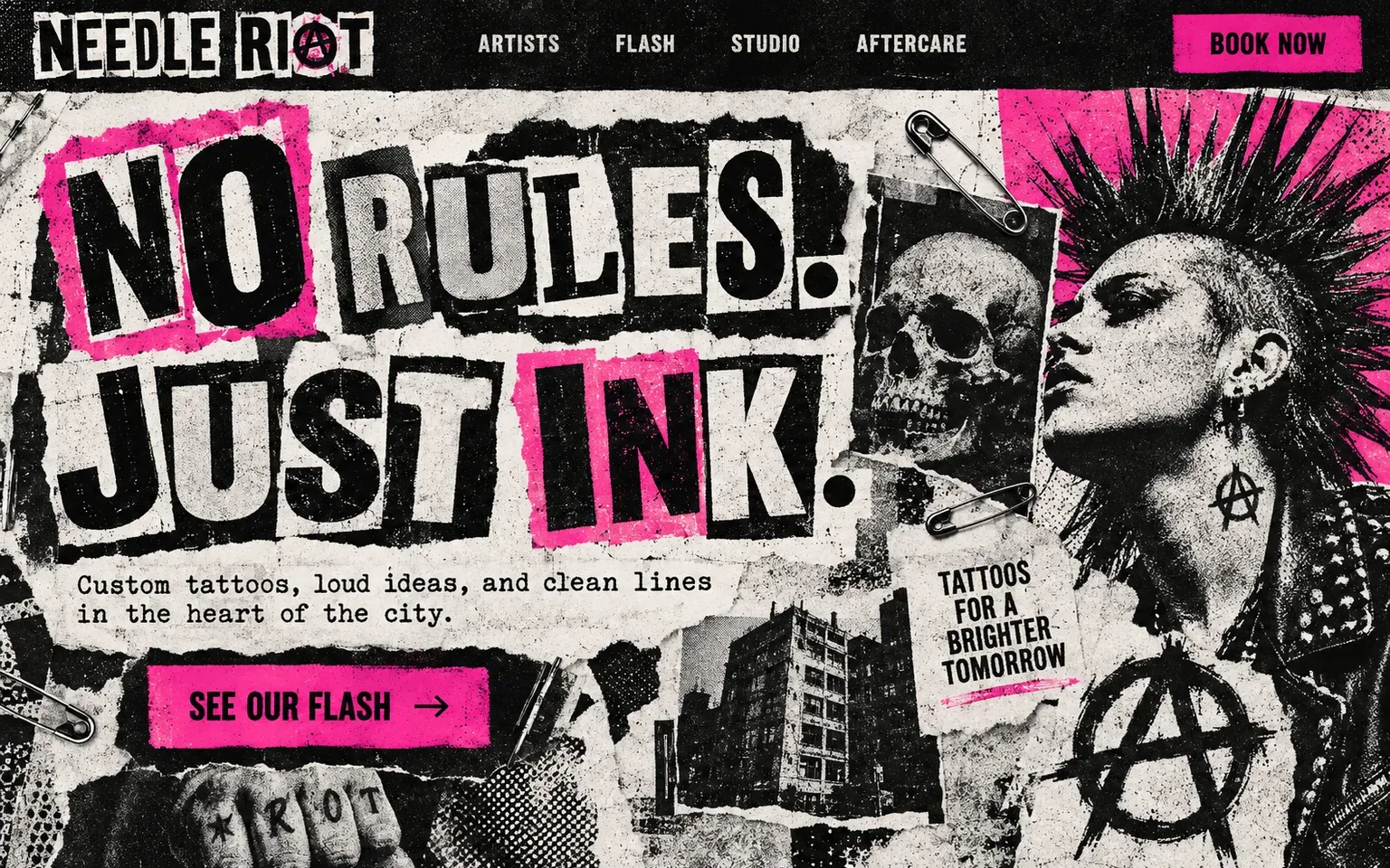 Example website designed in the 1970s punk DIY design style