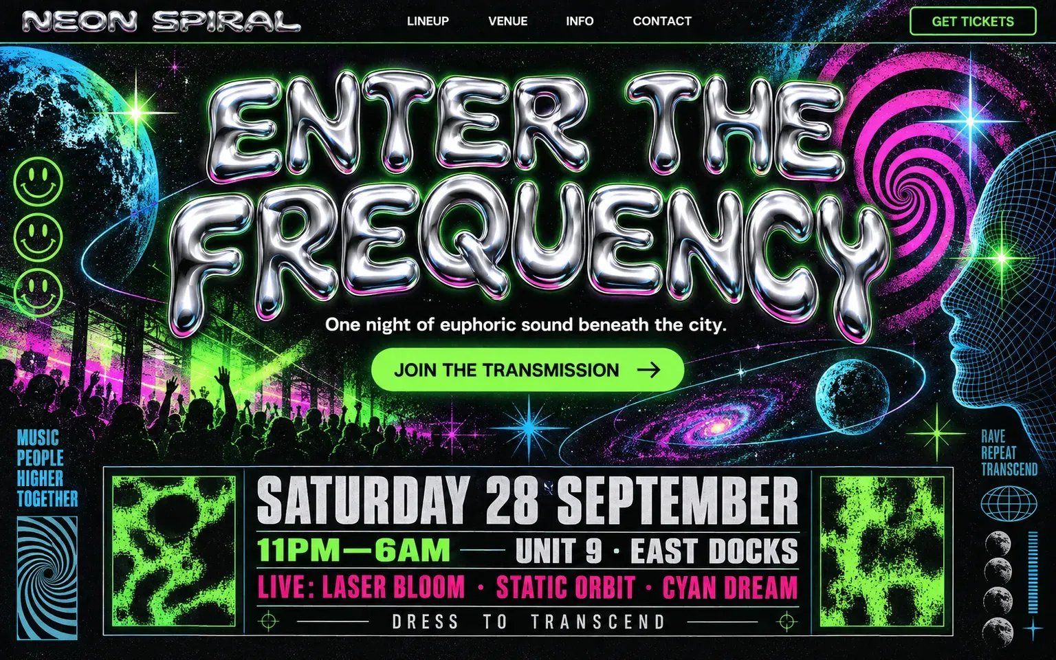 Example website designed in the Early 1990s rave flyer design style