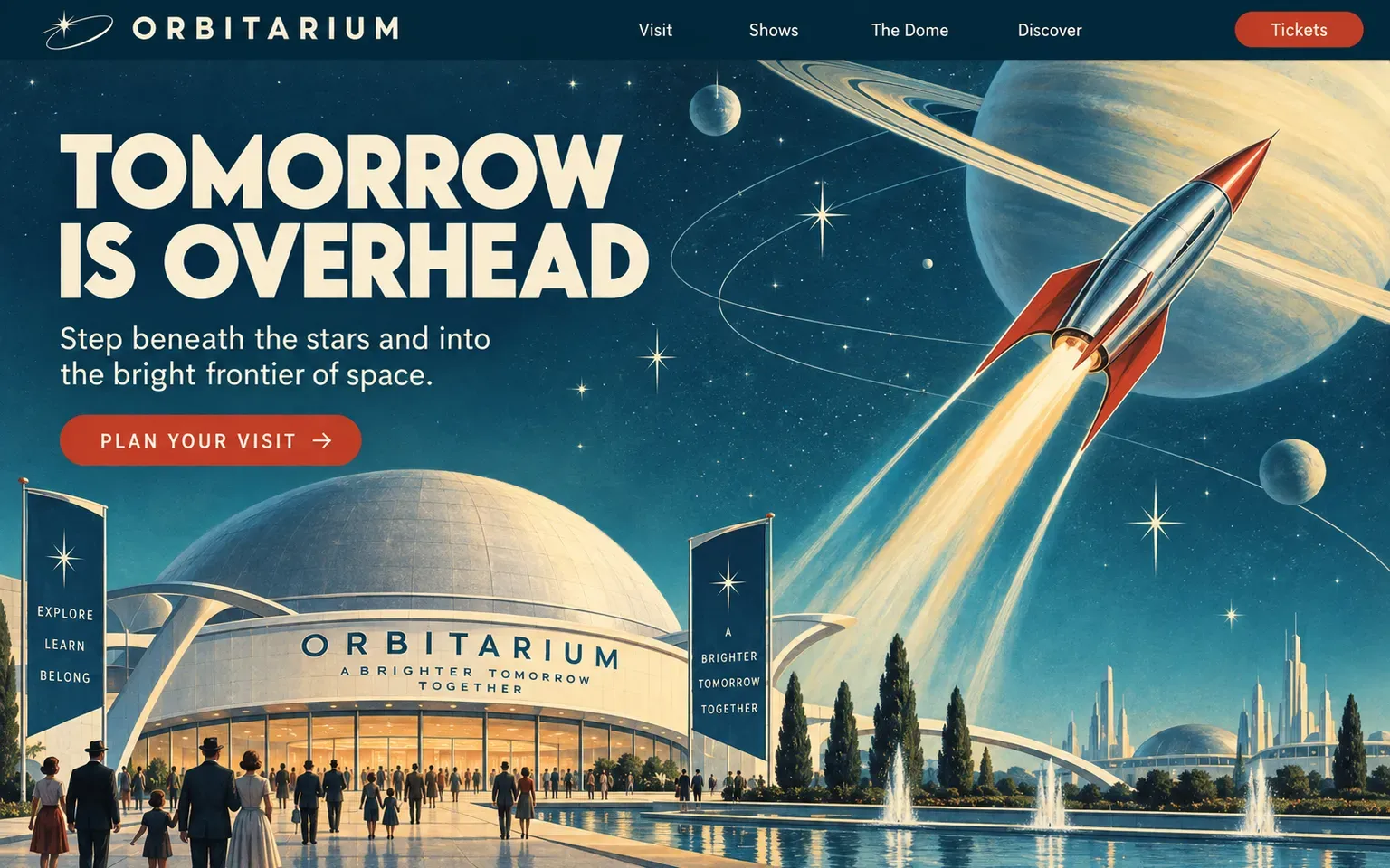 Example website designed in the 1950s retrofuturism style