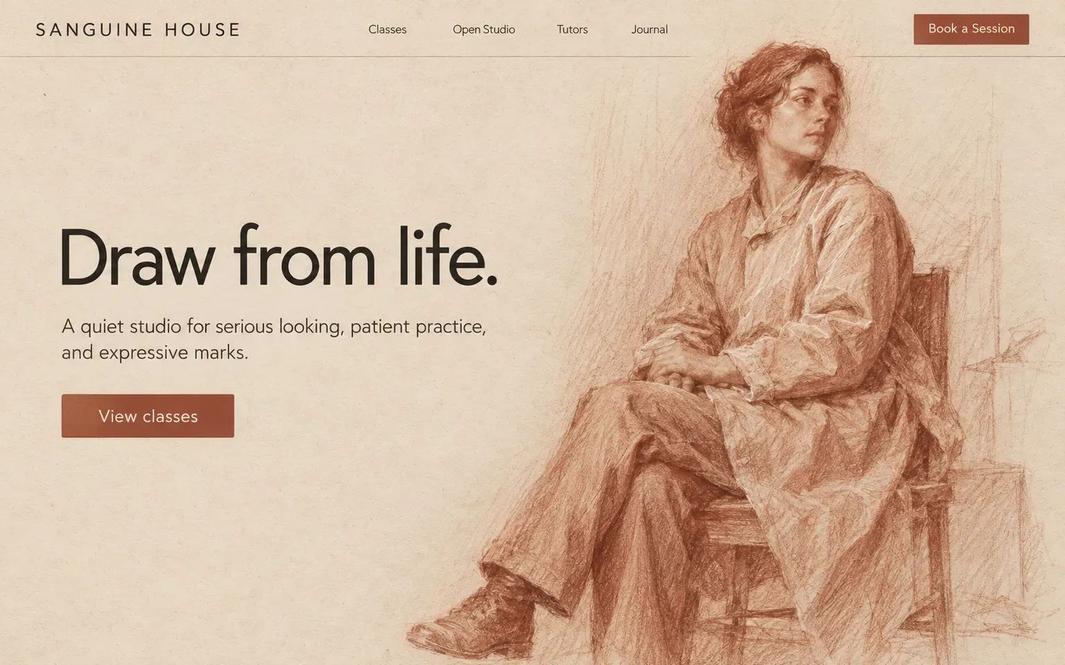 Example website whose artwork is red chalk sanguine drawing in the old-master manner