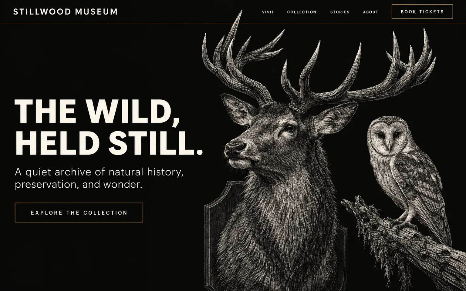 Example website whose artwork is scratchboard engraving